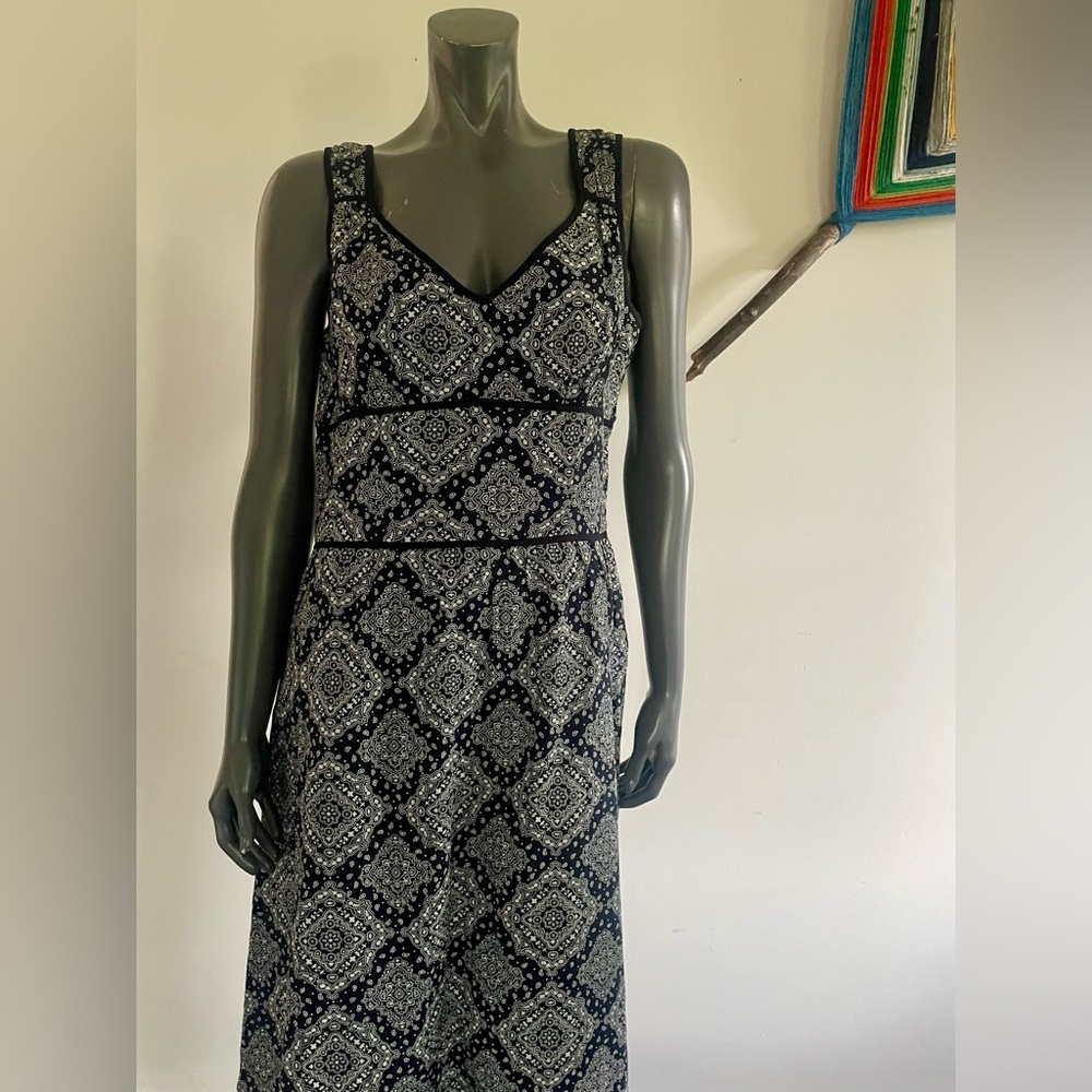LOFT Navy Blue and White Geometric Midi Dress Boho